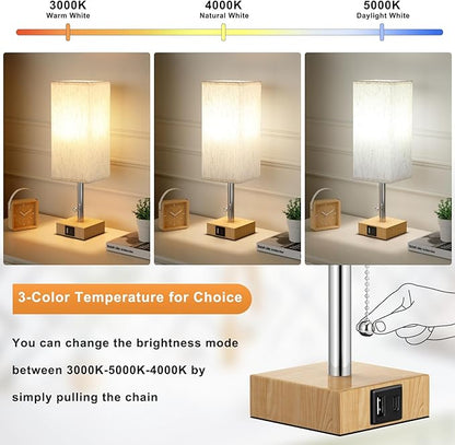 aooshine Wood Grain Bedside Table Lamps Set of 2 - Bedroom Lamps with 3 Color Temperatures (3000K/5000K/4000K), Square Nightstand Lamp with USB C + A Charging Ports