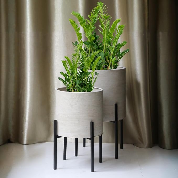 ARNIS Modern Plant Pots, Large Planters with Stand, Set of 2 Decorative Planters, Metal Pots with Drainage Holes for Living Room, Office, Garden or Balcony, 10.5 &12.55 Inch, Dirt