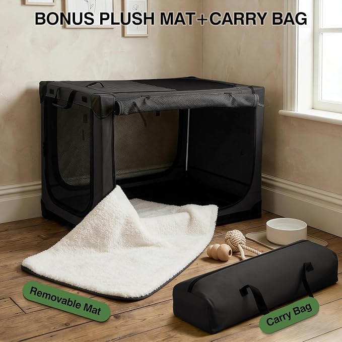 Veraste 42" Soft Collapsible Travel Dog Crate for Large Dogs,Black | 4-Door Foldable Travel Crate,breathable mesh, foldable with storage bag