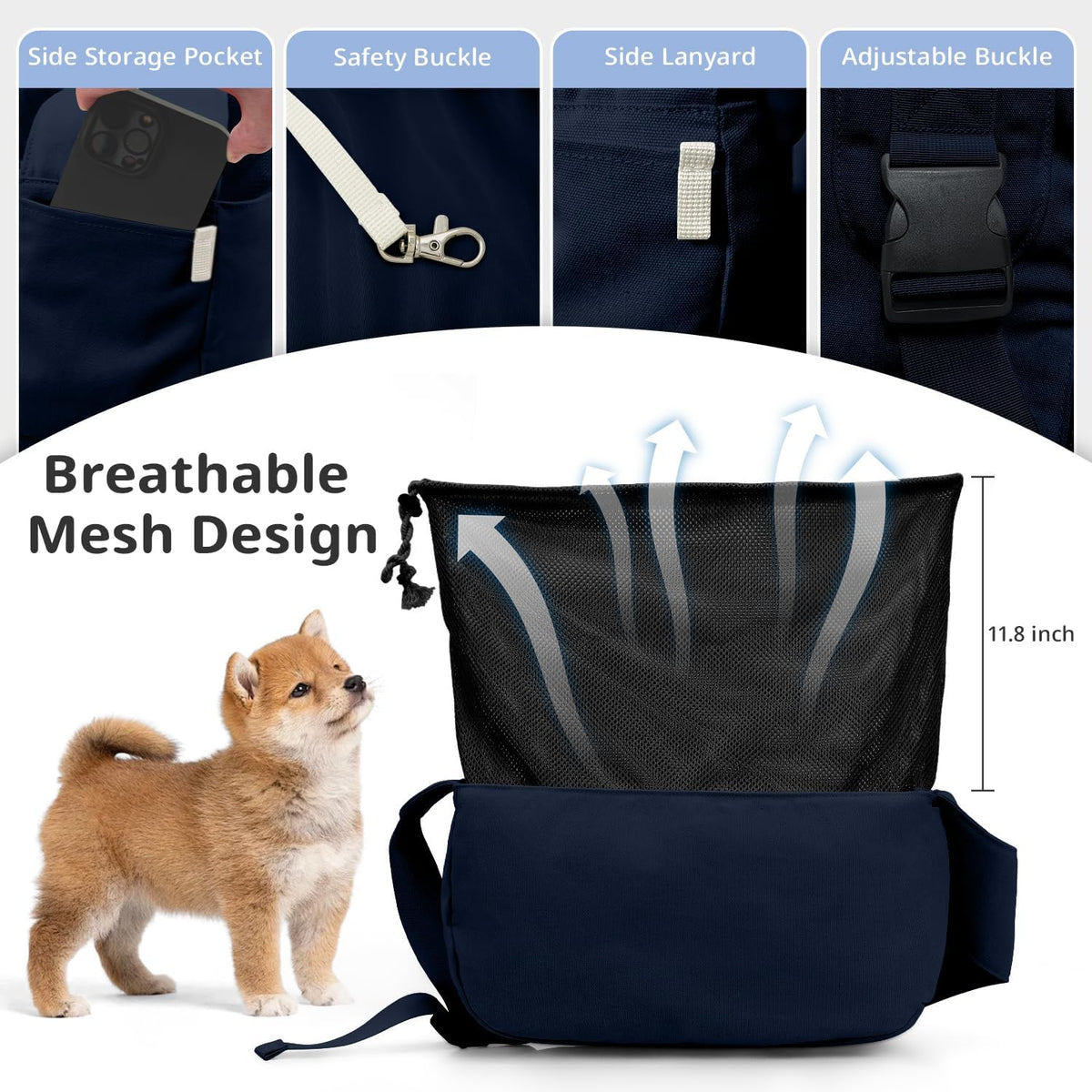 Dog Sling Carrier for Small Dogs and Cats, Lightweight Collapsible Pet Travel Bag with Adjustable Strap, Side Pockets & Breathable Mesh (Navy Blue, 15.7" L x 5.9" W x 8.6" H)