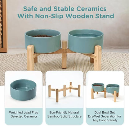 SPUNKYJUNKY Elevated Dog Bowls Ceramic, 6.1'' Dogs and Cat Food Water Bowls Raised with Non-Slip Bamboo Stand for Medium Sized Breed Microwave Dishwasher Safe - 28.7 OZ,Dark Green