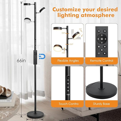 LED Tree Floor Lamp with Remote & Touch Control, 3 Heads Adjustable Dimmable Modern Floor Lamps with Timer, 4 Color Temperatures, Tall Standing Lamp for Living Room, Bedroom, Office, Black