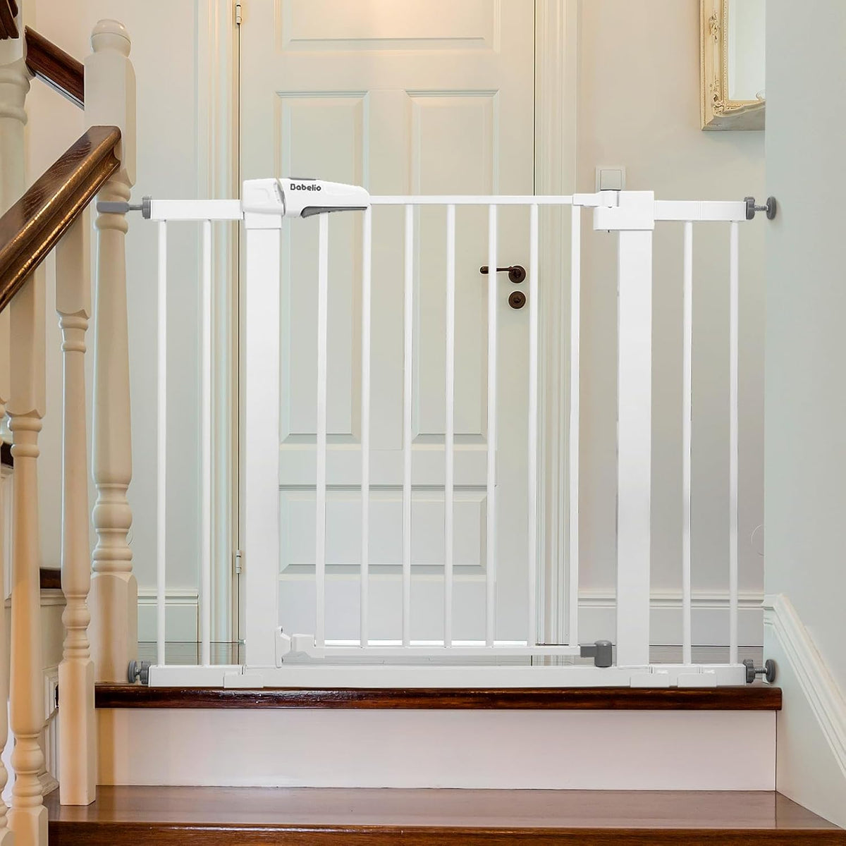 Babelio Metal Baby Gate, 29-43" Auto Close Easy Install Pet Gate, Extra Wide Walk Thru Child Safety Gate, 30" Tall Pressure Mounted Dog Gate for Doorways & Stairs, White