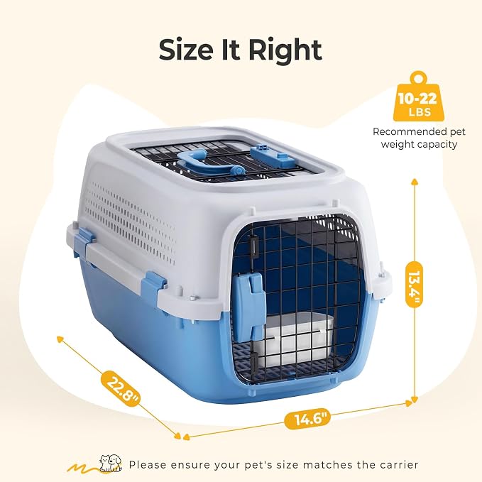 NEWBULIG 23" Hard-Sided Dog Carrier, Plastic Cat & Dog Crate, 4-Sided Ventilation Travel Pet Kennel, Top & Front Door Access, Integrated Food Bowl, for Small Pets up to 22 lbs, Blue