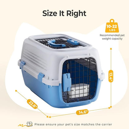 NEWBULIG 23" Hard-Sided Dog Carrier, Plastic Cat & Dog Crate, 4-Sided Ventilation Travel Pet Kennel, Top & Front Door Access, Integrated Food Bowl, for Small Pets up to 22 lbs, Blue