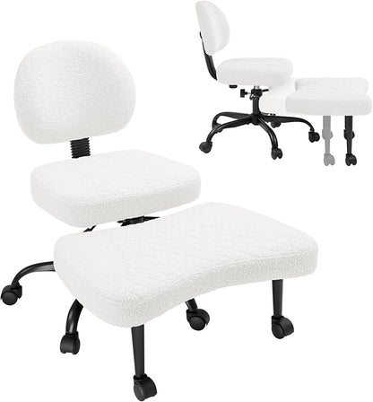 GUNJI Ergonomic Criss Cross Legged Office Chair, 360° Swivel Meditation Kneeling Chair with Wheels, ADHD Chair with Footrest, Lumbar Support, Wider Height Adjustable Seat (Teddy Fleece, White)