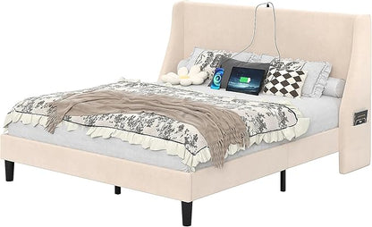 VECELO Queen Bed Frame with Upholstered Wingback Headboard, Heavy-Duty Platform Bedframe with Charging Station, Wooden Slats, No Box Spring Needed, Beige