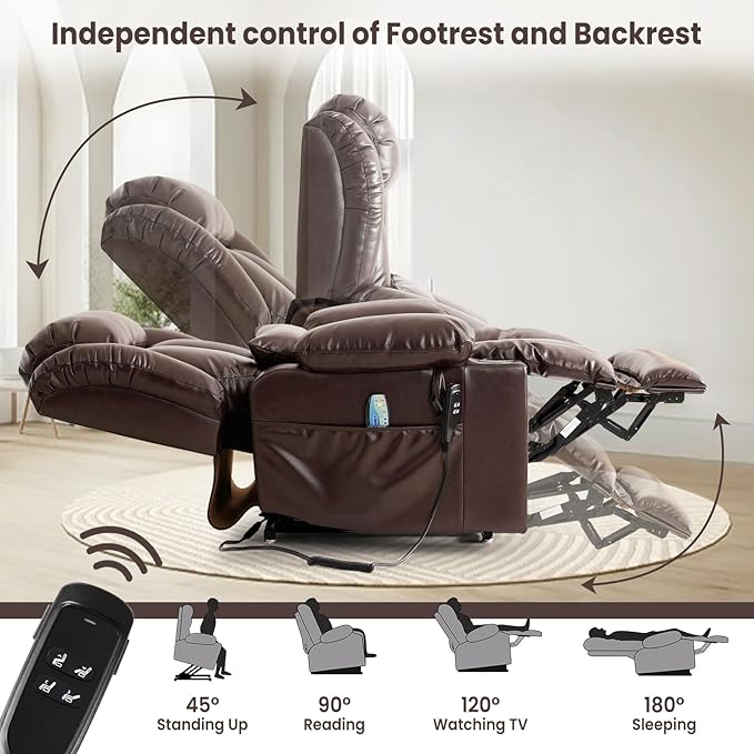 PARKOL Large Infinite Position Leather Power Lay Flat Lift Studded Recliner Chairs for Elderly, Dual Motor with Massage and Heating,Extended Footrest, USB&Type-C Port Remote,Cup Holder (Brown, Large)