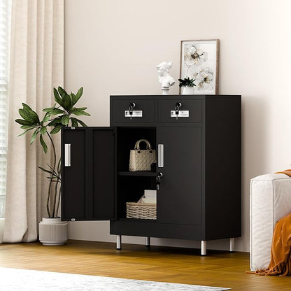 Metal Storage Cabinet with Locking Doors and 2 Drawers, Lockable Storage