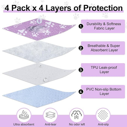 BEAUTYZOO 4 Pack Washable Pee Pads for Dogs,Reusable Puppy Pads 36x41 | Waterproof Super Absorbent,Non Slip and Leak-Proof Against Urine,Whelping Pads Mats for Puppy Potty Training,Playpen,Crate