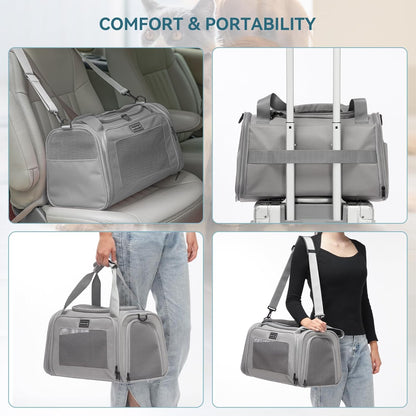 PETSFIT Cat Carrier Airline Approved, Soft Carrier for Small and Medium Cats Under 12 Lbs, Soft Cat Travel Bag, Kitten Carrier with Extendable Mat, Grey