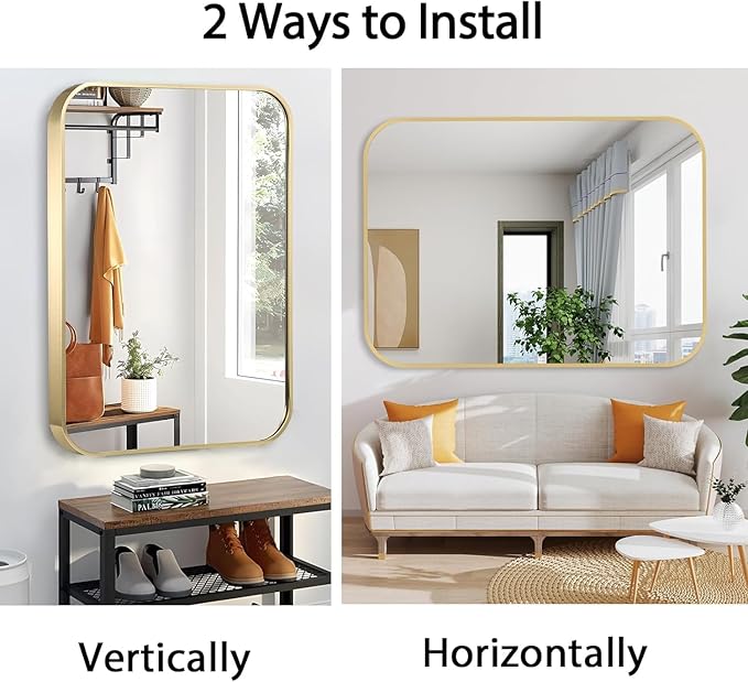 30x36 Inch Gold Bathroom Mirror, Brushed Gold Metal Framed Rectangular Mirror