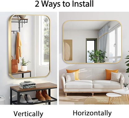 30x36 Inch Gold Bathroom Mirror, Brushed Gold Metal Framed Rectangular Mirror