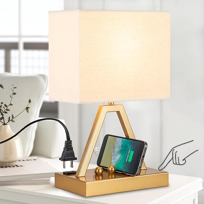 Briever Touch Control Table Lamp, 3-Way Dimmable Desk Lamp with USB C & USB A and AC Outlet, Bedside Lamp with Phone Stand and Fabric Shade for Bedroom, Living Room,Bulb Included, Gold