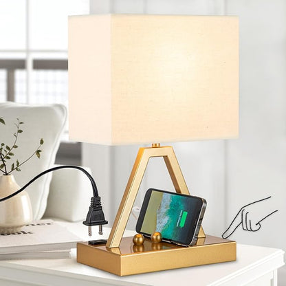 Briever Touch Control Table Lamp, 3-Way Dimmable Desk Lamp with USB C & USB A and AC Outlet, Bedside Lamp with Phone Stand and Fabric Shade for Bedroom, Living Room,Bulb Included, Gold
