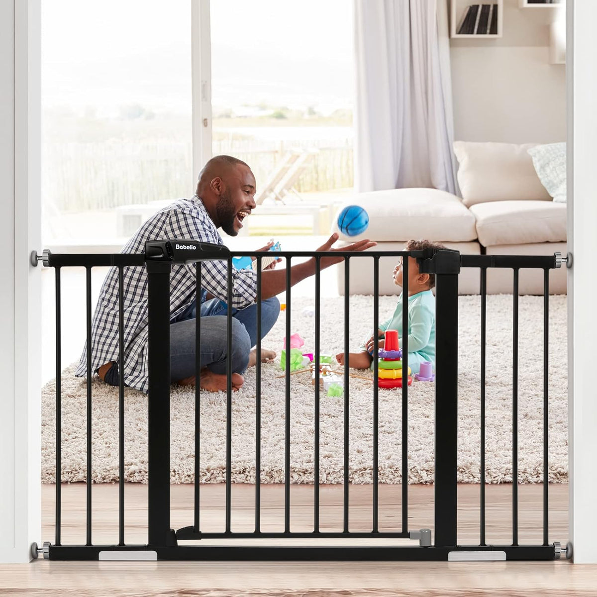 Babelio Metal Baby Gate, 29-48" Auto Close Easy Install Pet Gate, Extra Wide Walk Thru Child Safety Gate, Pressure Mounted Dog Gate for Doorways and Stairs, with Y Spindle Rods, Black
