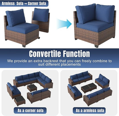 Aoxun 12 Pieces Patio Furniture Set Wicker Rattan Outdoor Sectional Conversation Set with Coffee Table and 4” Thickened Cushions, Blue (Waterproof Cover Included)