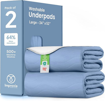 IMPROVIA® Washable Underpads, Heavy Absorbency Reusable Incontinence Pads for Kids, Adults, Elderly, and Pets, Waterproof Protection Floor (Blue, 34"x52" (Pack of 2))