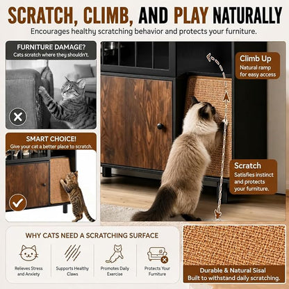 Dog Proof Cat Feeding Station with Storage Cabinet& 2 Stainless Steel Bowls, Elevated Cat Food Station with Scratching Board, Modern Wooden Cat House Furniture for Indoor Cats, Large Pet Cabinet
