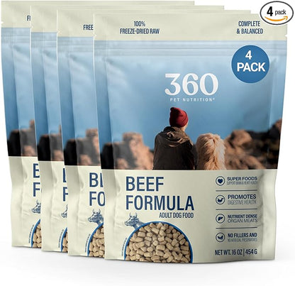 360 Pet Nutrition Freeze-Dried Raw Dog Food – Beef Recipe with Liver & Organs, High Protein with Omega-3s, Fruits, Veggies & Superfoods, Grain-Free, No Fillers 4 x 16 oz Made in USA