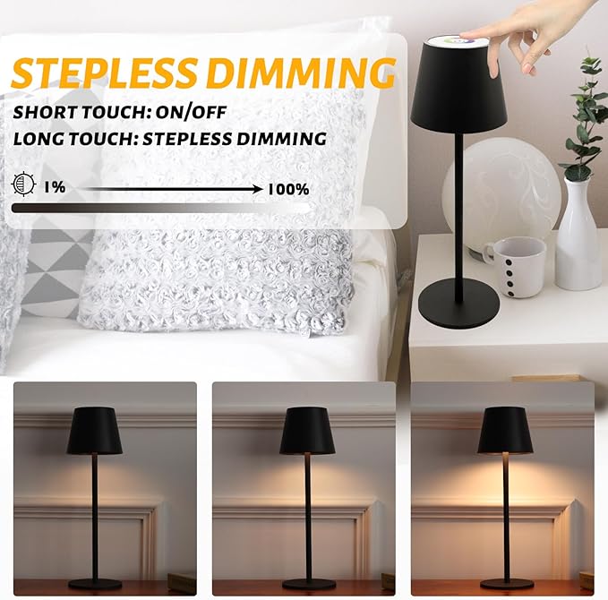 Maksone 2 Pack LED Cordless Table Lamp, 6600mWh Rechargeable Battery Desk Lamp, 3000K Stepless Dimming Night Light, IP54 Waterproof Metal Outdoor Portable Lamp for Restaurant, Patio (Black)
