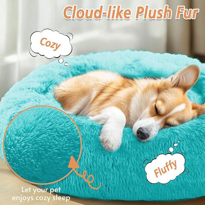 JOLLYVOGUE Calming Dog Bed Medium Size Dog, 31in Donut Washable Medium Pet Bed, Anti-Slip & Anti-Anxiety Fluffy Faux Fur Round Dogs Bed, Fits up to 45 lbs Pets (Aqua Blue)