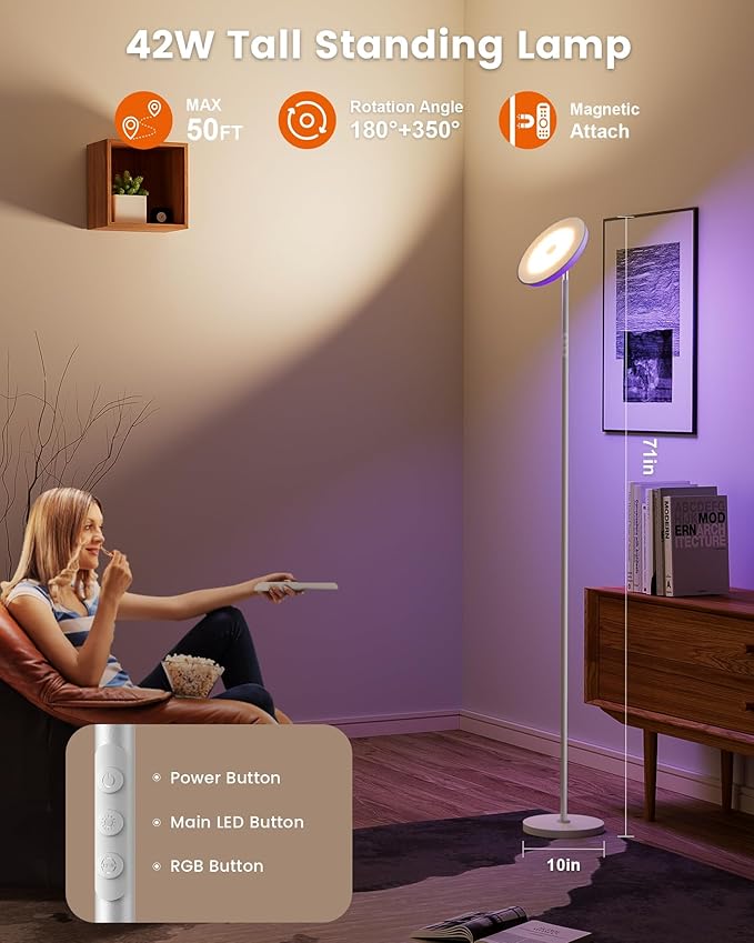 Bright Floor Lamp,42W 3700LM LED Torchiere Floor Lamps for Living Room, 71in. Modern Tall Standing Light with Remote,Color & Brightness Dimmable Sky Light,1/2/3H Timer for Bedroom,Office(White)