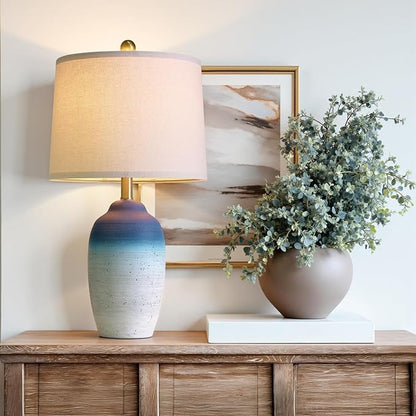 24.5" Vintage Ceramic Table Lamp - Single Farmhouse Rustic Bedside Lamp with Natural Textured Finish, Nightstand Lamps for Living Room, Bedroom, End Table, Office White and Blue