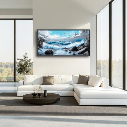 Extra Large Framed Abstract Sea Ocean Wall Art,Black and White Wall Decor, Coastal Seashore Pictures for Living Room,Canvas Print Painting Modern Artwork Bedroom Office Bathroom 60L x 30W