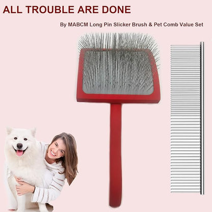 Large Ergonomic Slicker Brush for Dogs & Pets - Extra Long Pin Grooming Brush with Solid Wooden Handle for Poodles, Doodles, and Long-Haired Dogs (red)
