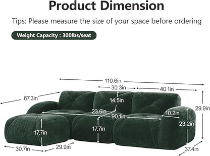 Modular Sectional Sofa with Free Combination,Boneless Floor Couch for Living Room & Lounge,Velvet 3-Seater Sectional Couch with Ottoman,No Assembly Needed