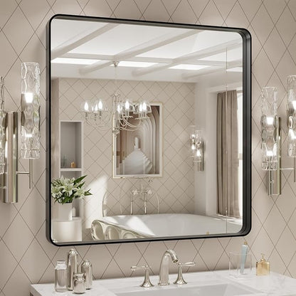 LOAAO 30x30 Inch Black Metal Framed Bathroom Mirror