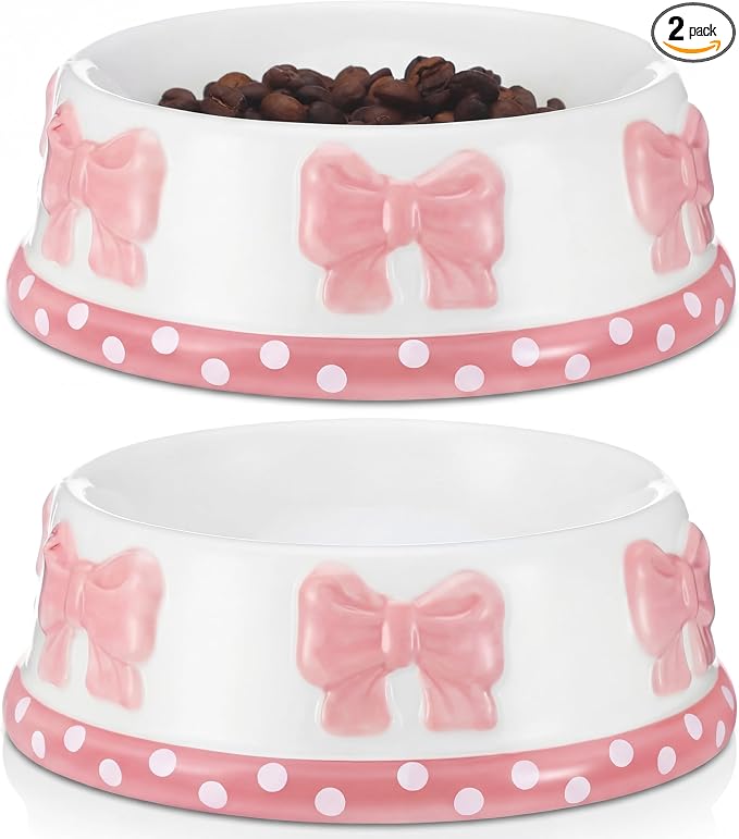 Reallnaive 2 Pcs Pink Bow Ceramic Bowl for Small Dog and Cat Cute Bowtie Pet Bowl for Food Water Macaron Pink Dish Pets Feeding Bowls Suitable Small Cat Dogs