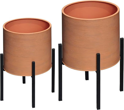 ARNIS Modern Plant Pots, Large Planters with Stand, Set of 2 Decorative Planters, Metal Pots with Drainage Holes for Living Room, Office, Garden or Balcony, 10.5 &12.25 Inch, Terracotta