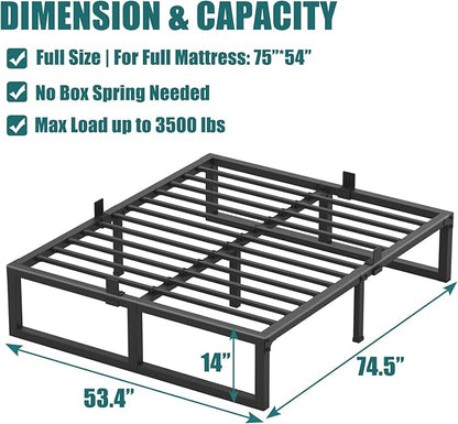 Full Size Bed Frame, 14 Inch Heavy Duty Support 3500 lbs Metal Platform, No Box Spring Needed/Noise Free/Non-Slip/Steel Slat Support/Easy Assembly