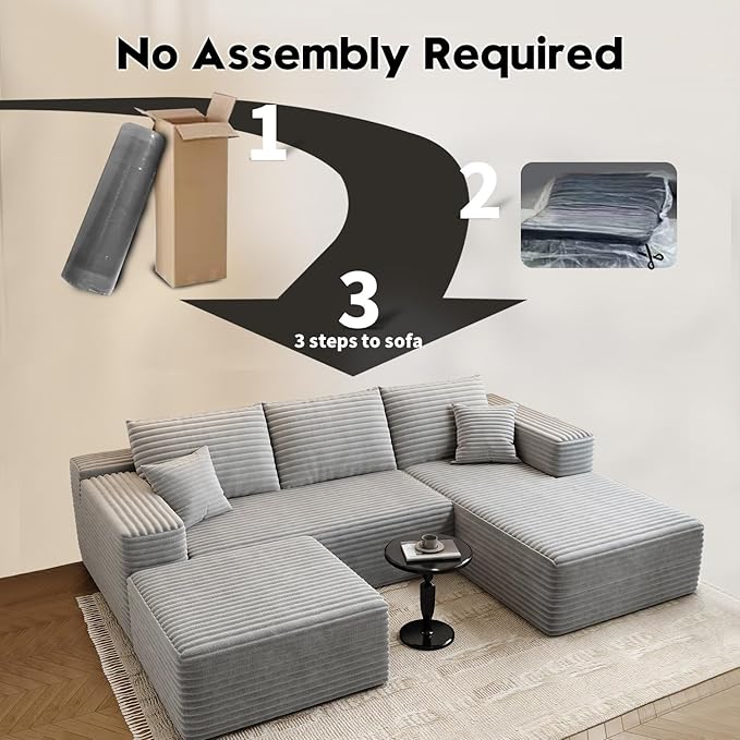 107.5" Cloud Modular Sectional Couch with 1 Ottoman,Modern Minimalist Upholstered Couches, Comfort U Shaped Sofa for Living Room,Deep Seat Corner Couch，No Assembly Required (Grey,Right Facing Chaise)