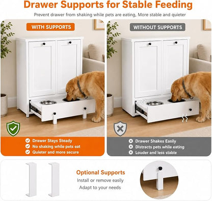 Dog Feeding Station Cabinet with Storage, Metal Pet Feeding Station with Storage, Tilt-Out Dog Food Storage Cabinet with 2 Stainless Steel Bowls, Hidden Feeding Station for Dogs & Cats, White