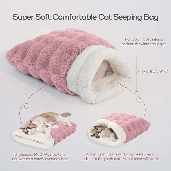 Cat Sleeping Bag for Indoor Cats Self Warming Cat Bed Fits up to 15 lbs Pets Soft Plush Warm Bed 360° Wrap Bag Washable Comfortable Pet Sleeping Bed 21" × 17" Pink