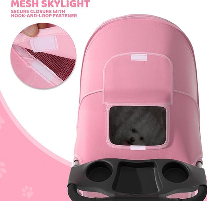 Magshion 3-Wheel Pet Stroller for Small/Medium Dog Cat, Up to 33lbs, Pink | Foldable Travel Jogger w/ Breathable Mesh Cover, Lightweight Design, Safety Tethers, Cup Holder & Storage Basket