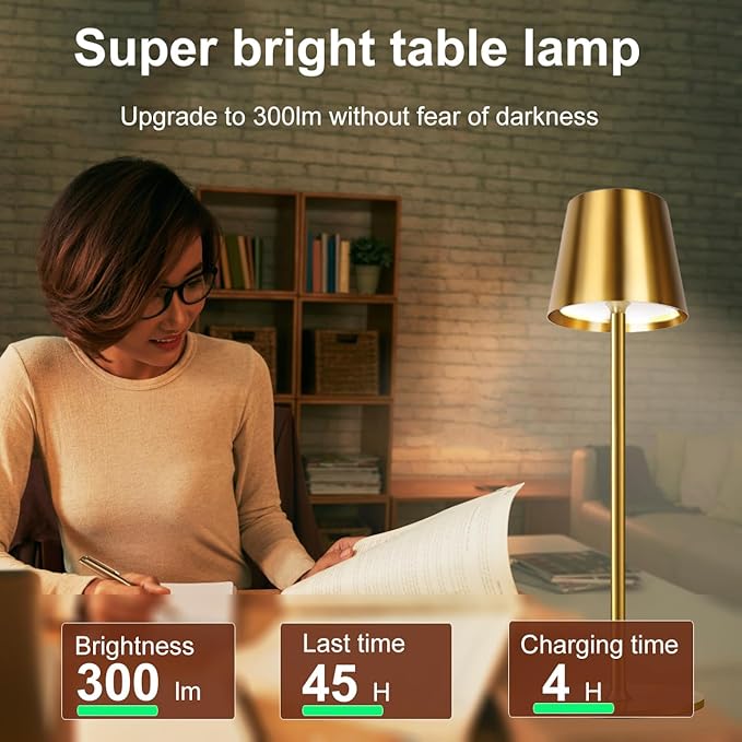 2 Pack Gold Cordless Table Lamp Rechargeable, Metal Small Bedside Table Lamp with 3 Adjustable Pole, 5400mAh Battery Operated Touch Lamp for Bedroom Kitchen Dining Waterproof & Portable