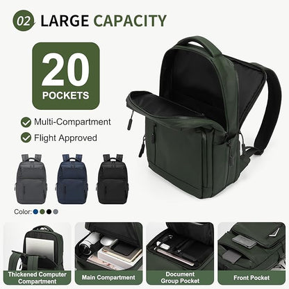 Waterproof Laptop Backpack for Men & Women, Flight Approved Anti-Theft Daypack with 15.6-inch Laptop Sleeve (Green)
