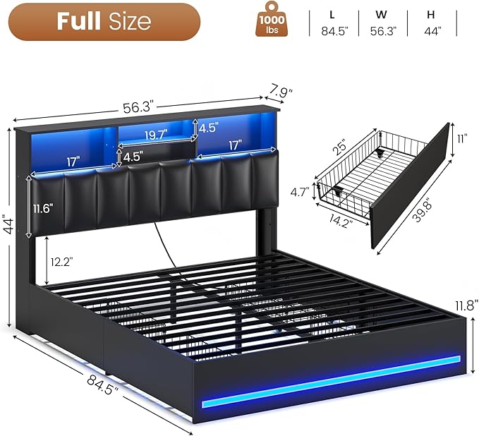 AOGLLATI Full Bed Frame with Stylish Bookcase Headboard & Charging Station & LED Lights,Full Size Bed Frame with 4 Storage Drawers and Metal Slats, No Box Spring Needed,Black