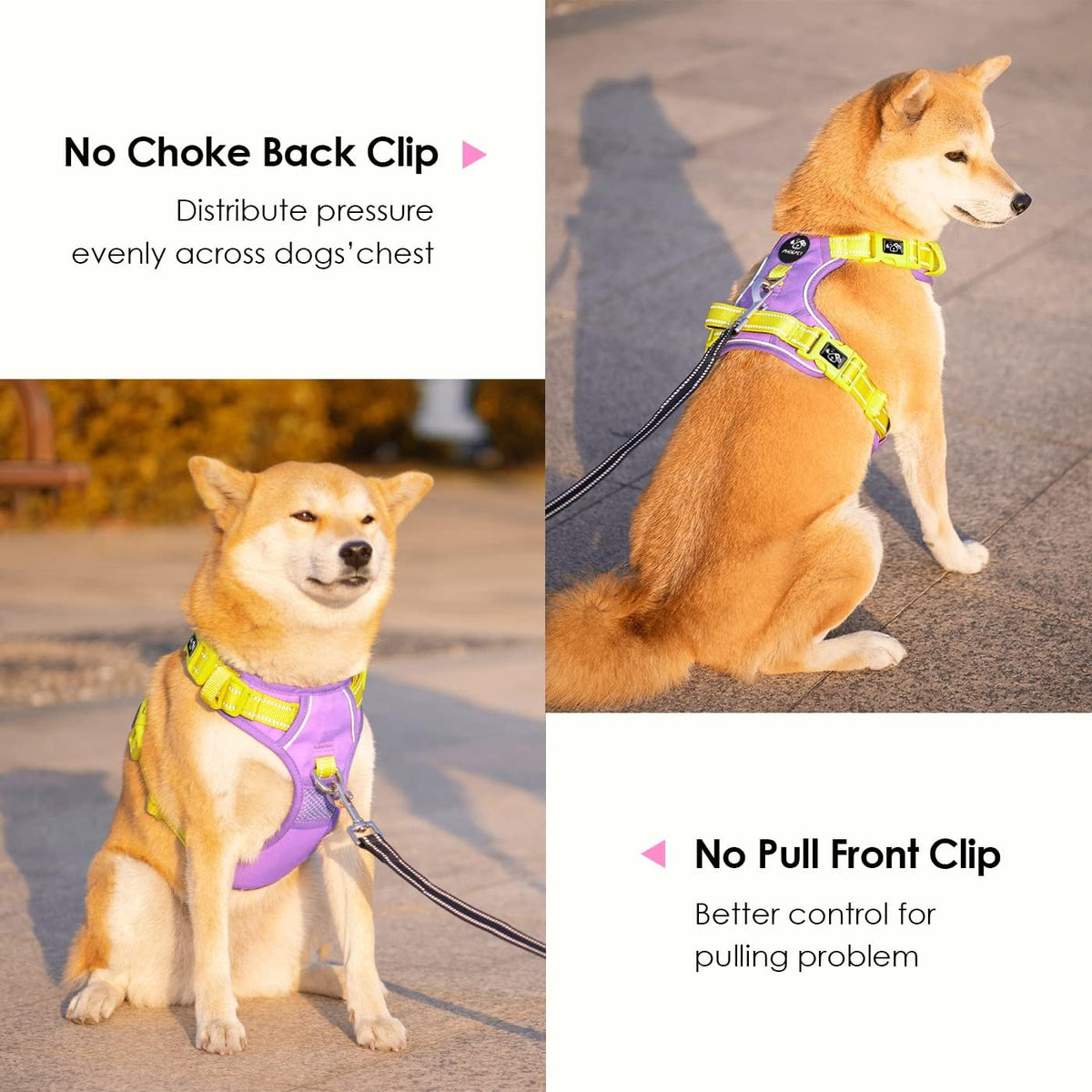 PHOEPET No Pull Dog Harness, Unique Colors Reflective Adjustable Dog Vest, with Soft Training Handle Metal Clips for Small Medium Large Dogs (Baby Purple Base & Yellow Straps,XL)