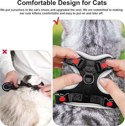 Cat Harness and Leash for Walking, Retractable Cat Harnesses and Leash Set Escape Proof, Breathable Soft Kitten Small Large Harness for Travel Training and Walking, Black, S