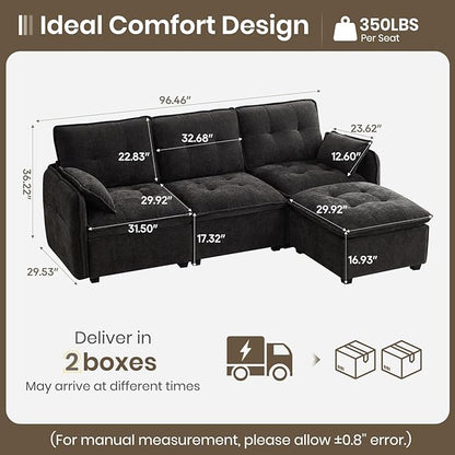 PALLOME 96" Modular L-Shaped Sofa - 3-Seat Cloud Couch with Movable Ottoman, Extra Deep Seat Sofa Couch with Throw Pillows for Living Room & Small Spaces (Black, 3-Seat + Ottoman)
