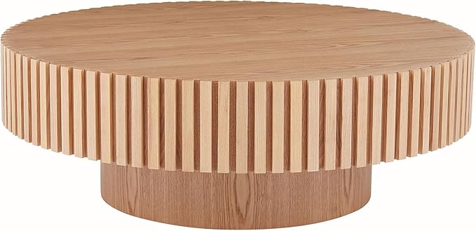 35.43''/90CM Samll Round Wood Coffee Table for Living Room, Modern Handcraft Drum Tea Table, Circle Wooden Coffee Table for Small Space Apartment (Oak, Ø35.43 x 13.77)