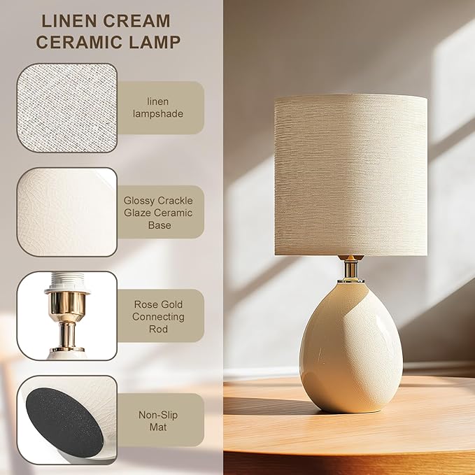 18.5" Table Lamp Set of 2 for Living Room Bedroom, Bedside Lamps for Night Stands, Desk Nightstand Lamp Dimmable, Modern Linen Cream Ceramic Lamps