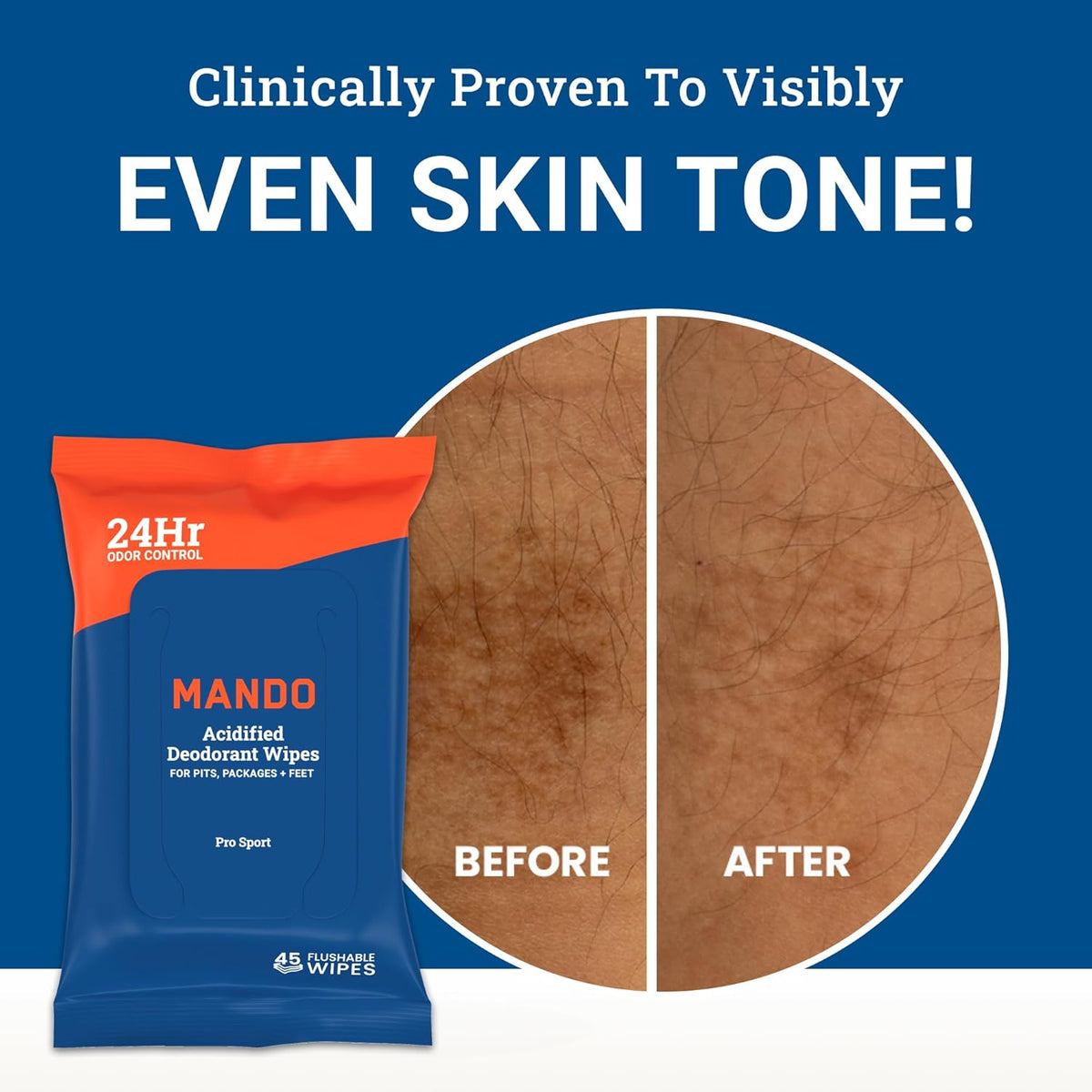 Mando Deodorant Wipes - 24 Hour Odor Control - Aluminum Free, Baking Soda Free, Skin Safe - 45 Count (2 Pack)