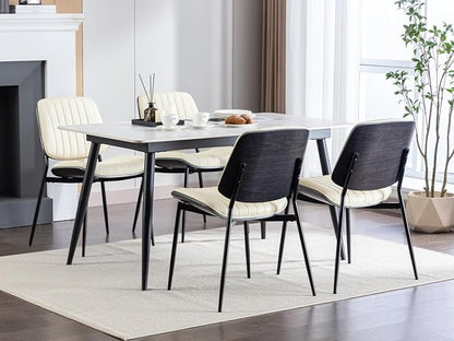 YaFiti Dining Chairs Set of 6, Mid Century Modern Accent Dining Room and Kitchen Chairs, Upholstered PU Leather Vertical Stripe Chairs for Vanity with Walnut Bentwood and Metal Legs, Beige