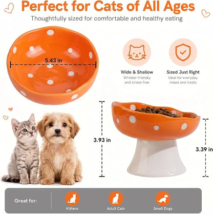 Orange Mushroom Cat Bowl, Elevated Ceramic Bowl for Cats | Elevated, Ceramic, Whisker Friendly, Anti Vomitin,Cute Mushroom Design